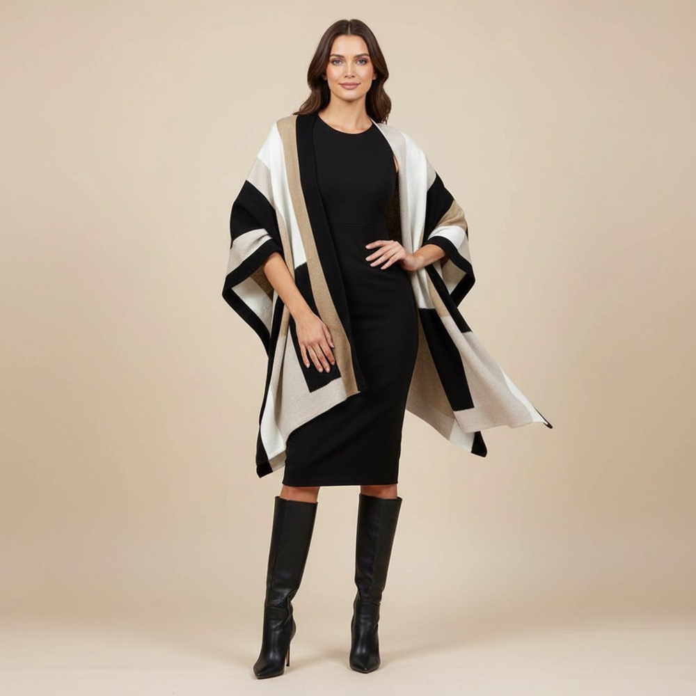 White House Black Market Colorblock Ruana Shawl Wrap OS Neutral Tan Black